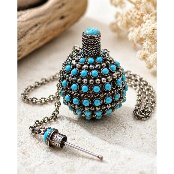 Estate Jewelry - Vtg Turquoise Snuff Scent Bottle Necklace Tibetan Silver Perfume Poison Pendant